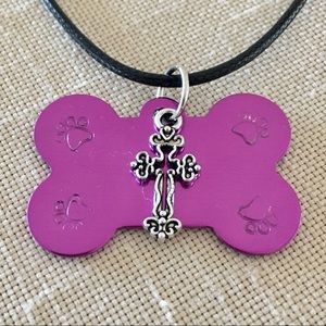 ARTISAN Paw Stamped Dog Bone Necklace Purple with Silver Toned Cross Charm